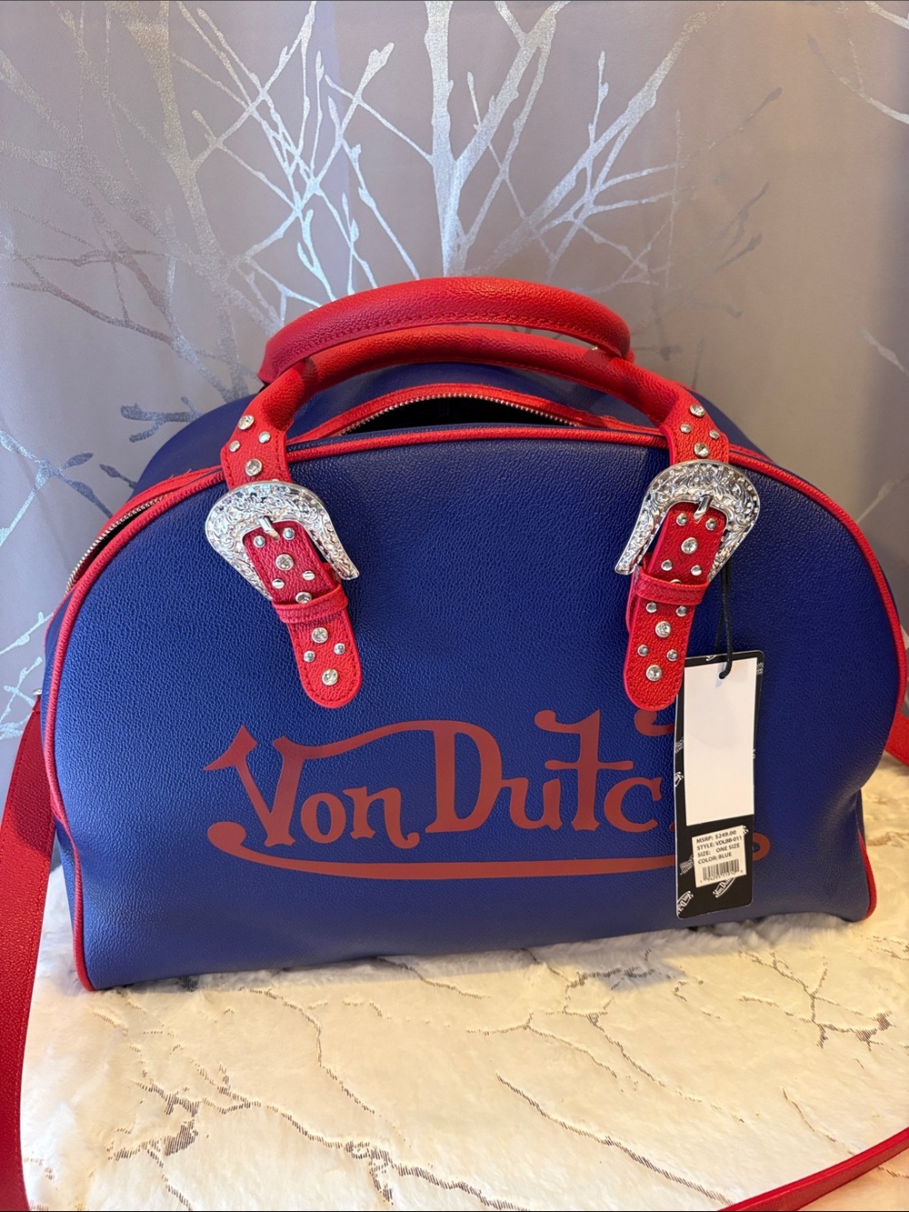 BNWT Von Dutch Y2K Blue & Red Rhinestone Buckle Duffle Weekender Bag